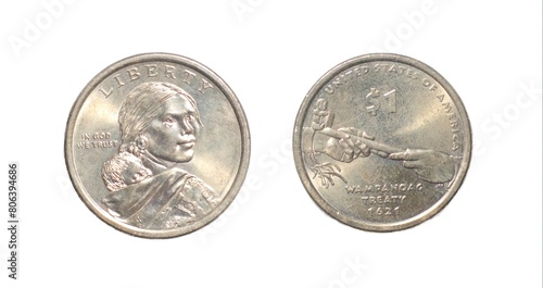 фотографія 2011 Sacagawea Dollar Coin WAMPANOAG TREATY 1621 carrying her young son, Jean Baptiste