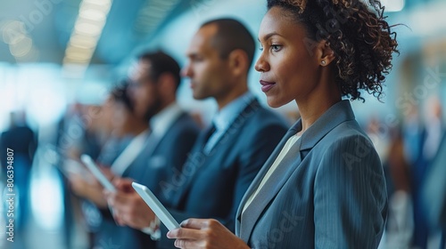 An image of a group of businesspeople looking at graphs on a digital tablet is cropped