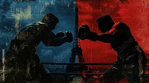 Two boxers are in a ring with the Eiffel Tower in the background