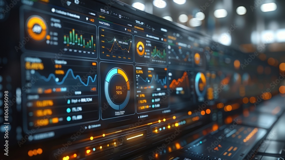 Dashboard displaying key performance indicators on a virtual screen. Dashboard displaying key performance indicators on a virtual screen.