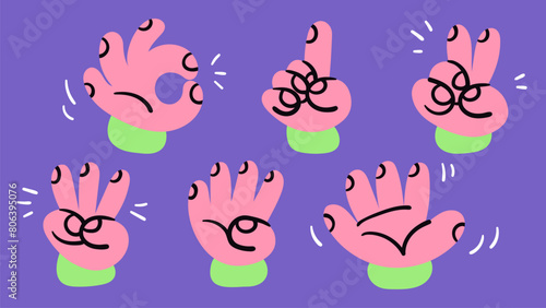 Collection of funny blob hands showing numbers from zero to five. Vector illustration in bold colors.