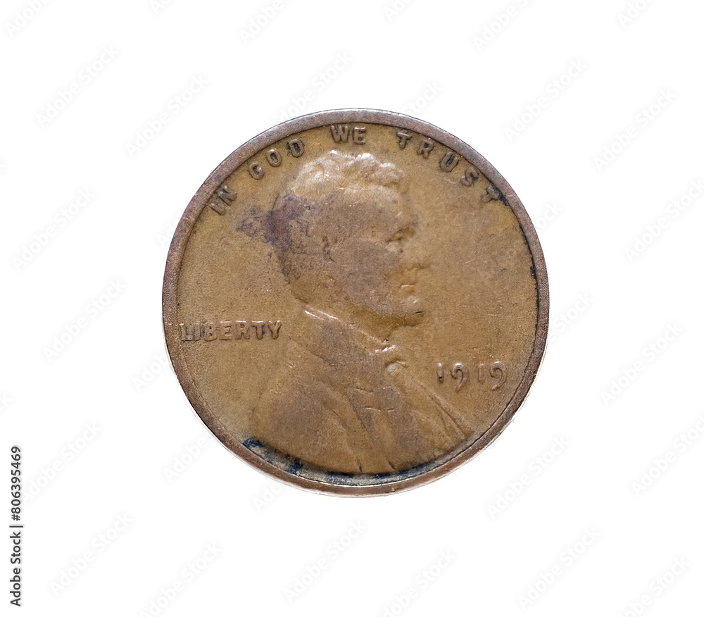 1919 Abraham Lincoln Wheat Liberty Penny, rare error no mint mark U.S. one cent currency. United States of America E. pluribus unum. In god we trust, isolated on white background obverse front side 1919 Abraham Lincoln Wheat Liberty Penny, rare error no mint mark U.S. one cent currency. United States of America E. pluribus unum. In god we trust, isolated on white background obverse front side
