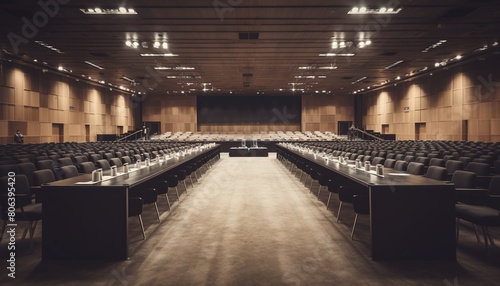 a long table with chairs and a projector screen in a room photo