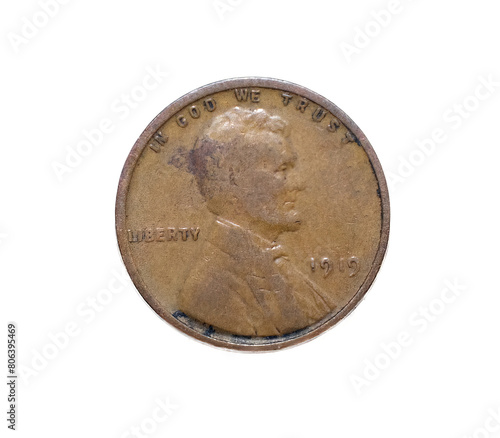 1919 Abraham Lincoln Wheat Liberty Penny, rare error no mint mark U.S. one cent currency. United States of America E. pluribus unum. In god we trust, isolated on white background obverse front side