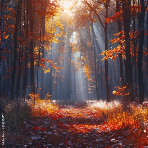 Autumn Forest Nature. Vibrant morning in the colorful forest with sun rays through the branches of the trees. Landscape of nature with sunlight 