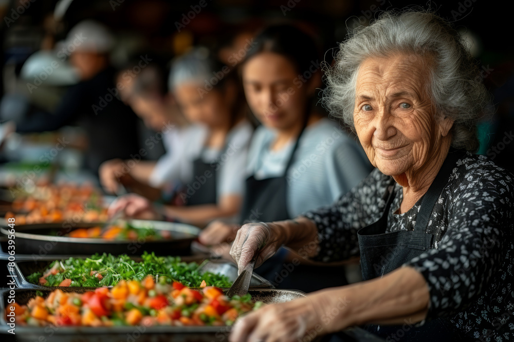 Elderly and young people preparing food together for a charity event in a community kitchen. AI generated. Elderly and young people preparing food together for a charity event in a community kitchen. AI generated.