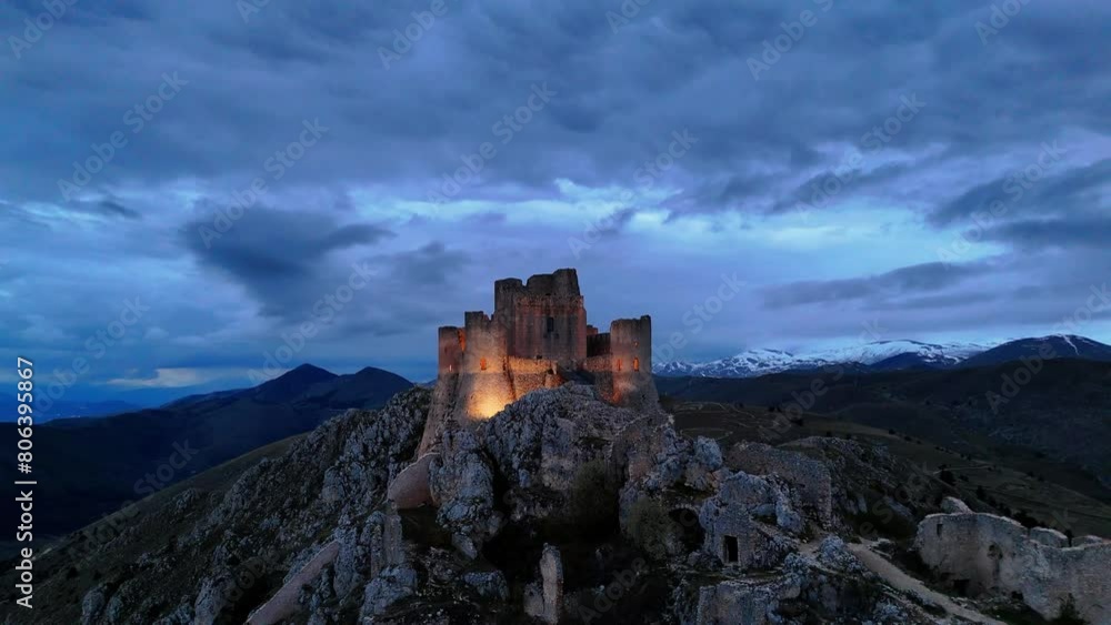 Drone of Rocca Calascio castle in Abruzzo, Italy with the Church of the Madonna della Pieta Drone of Rocca Calascio castle in Abruzzo, Italy with the Church of the Madonna della Pieta