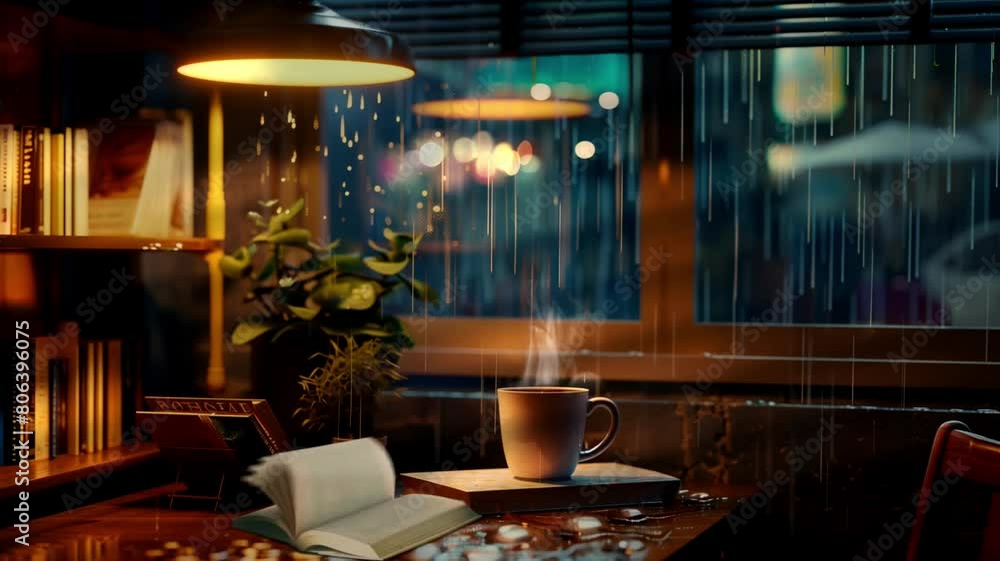 A cup of coffee with smoke billowing on the table next to the glass window when it rains at night A cup of coffee with smoke billowing on the table next to the glass window when it rains at night