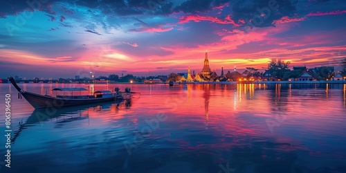 Sunset over the river with view on Bangkok