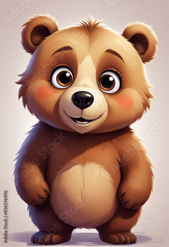 A cute and friendly cartoon bear with large eyes  a button nose  and a happy expression The bear has a fluffy  round body