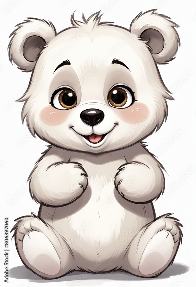 Naklejka premium A cute and friendly cartoon bear with large eyes, a button nose, and a happy expression The bear has a fluffy, round body