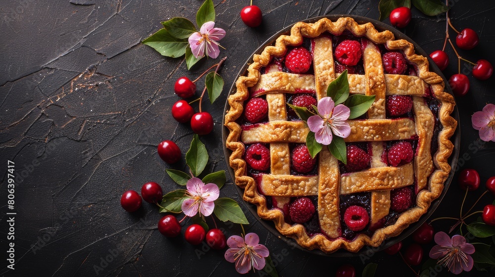 Raspberry Pie With Leaves on Table