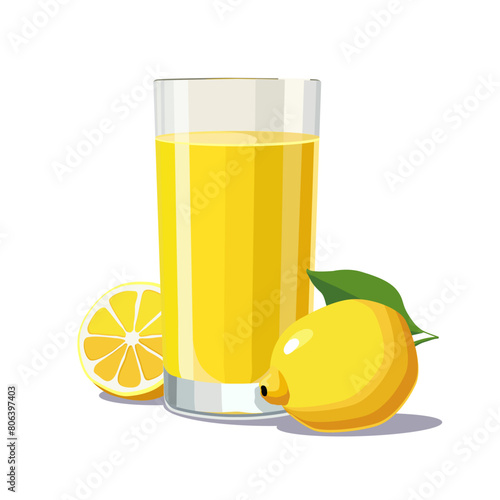 Full glass of yellow freshly squeezed lemon juice. Isolated vector summer drink for flat design