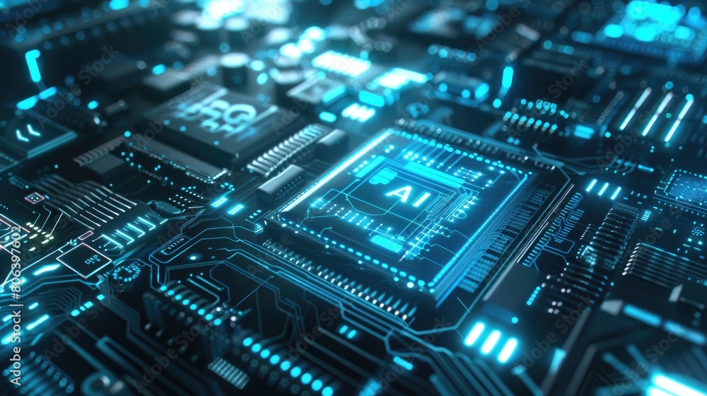 Illuminating the Future: Advanced AI Microchip with Glowing Blue Circuits Illuminating the Future: Advanced AI Microchip with Glowing Blue Circuits