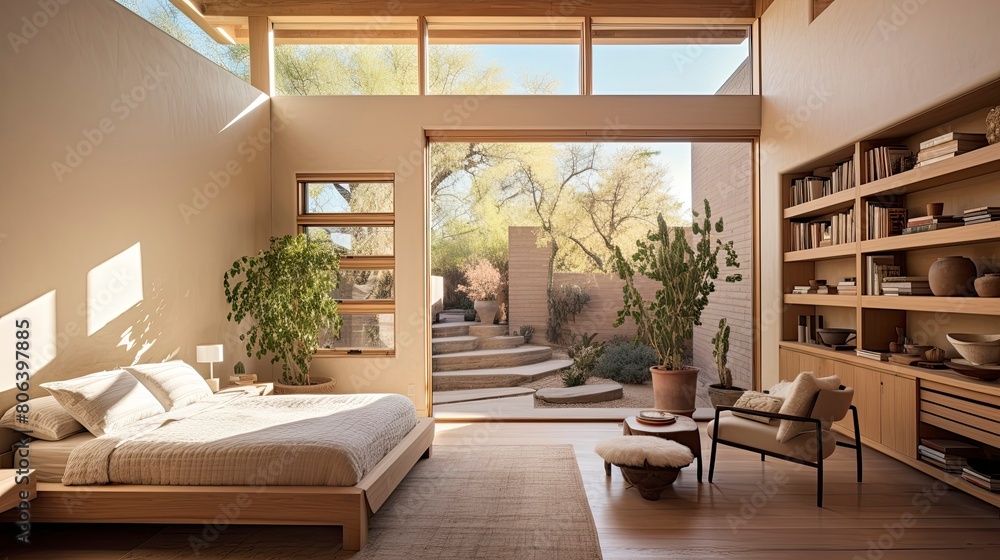 Adobe Contemporary Primary Bedroom with Desert View and Wooden Décor, Overlooking Patio Adobe Contemporary Primary Bedroom with Desert View and Wooden Décor, Overlooking Patio