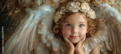 Beautiful little angel child, white feather wings, dreamy romantic atmosphere. Faith and hope concept. Beautiful background for christmas, mother's day, birthday cards, poster, wallpapers etc. 