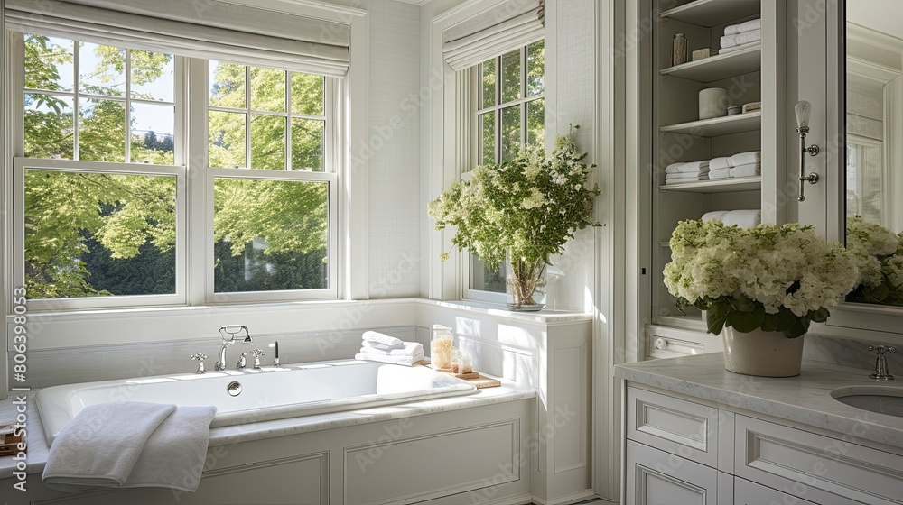 Fototapeta premium Classic White Bathtub with Vibrant Greenery Outside and Corner Windows, Fresh Florals