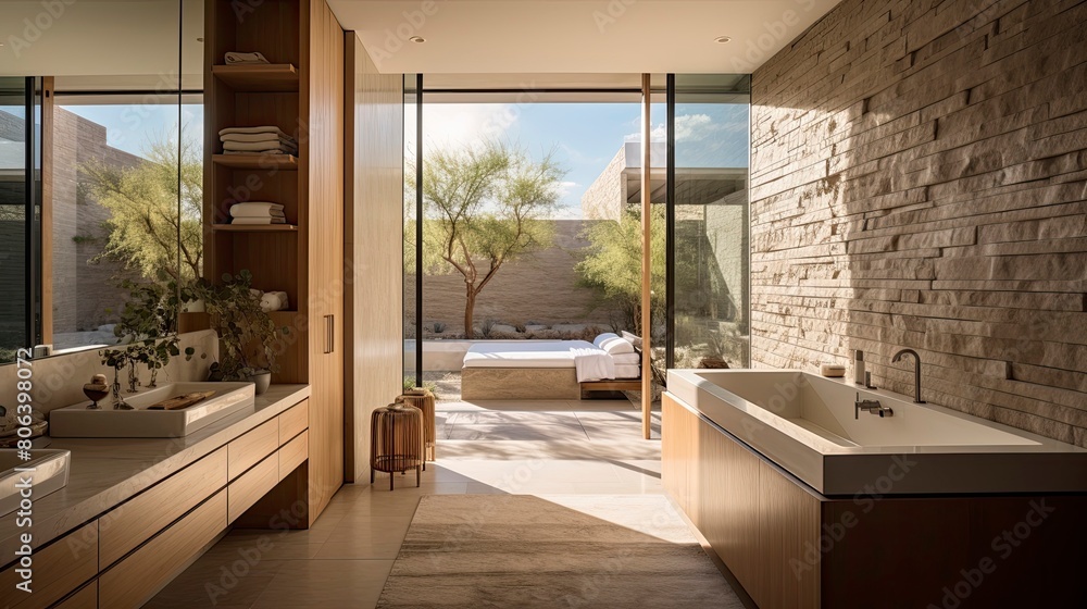 Fototapeta premium Desert Oasis with View Through Luxurious Bathroom Suite Into Outdoor Zen Area
