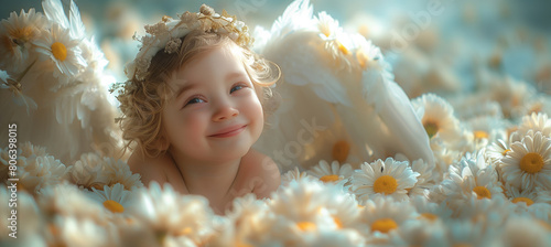 Beautiful little angel child, white feather wings, dreamy romantic atmosphere. Faith and hope concept. Beautiful background for christmas, mother's day, birthday cards, poster, wallpapers etc. 