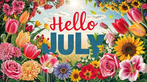 Bright and cheerful Hello July with vivid spring flowers.