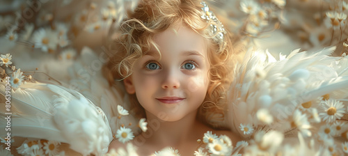 Beautiful little angel child, white feather wings, dreamy romantic atmosphere. Faith and hope concept. Beautiful background for christmas, mother's day, birthday cards, poster, wallpapers etc. 