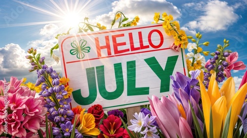 Bright and cheerful Hello July with vivid spring flowers. photo