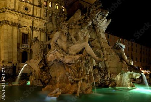 Canvas Print Detail of  the Four Rivers Fountain at Night