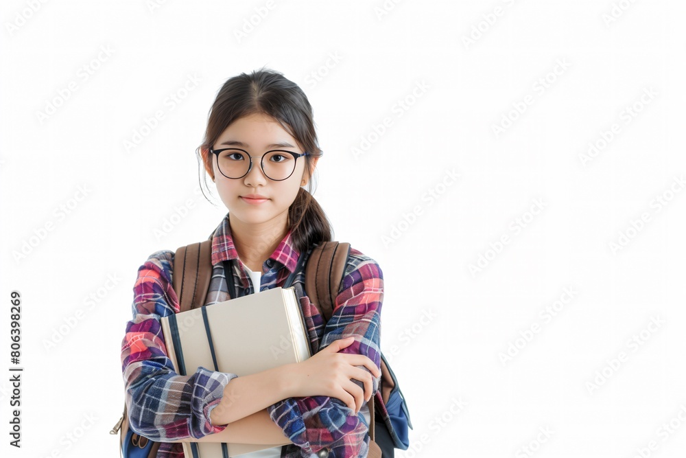 Portrait of an Asian schoolgirl holding a notebook isolated on white background.
Portrait of an Asian schoolgirl holding a notebook isolated on white background.