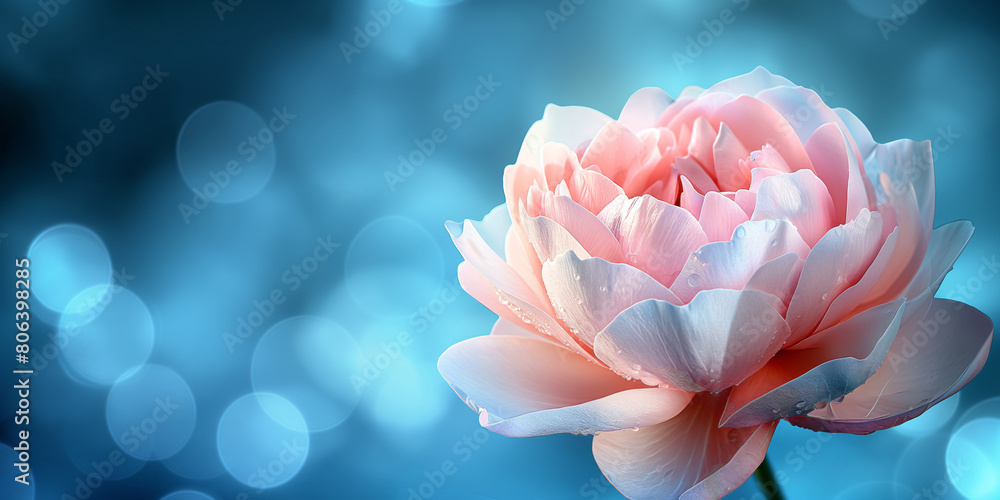 Blue spring banner with pink flower, soft blur, copy space	
