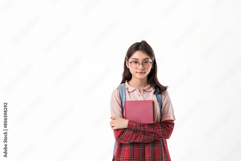 Portrait of an Asian schoolgirl holding a notebook isolated on white background. Portrait of an Asian schoolgirl holding a notebook isolated on white background.