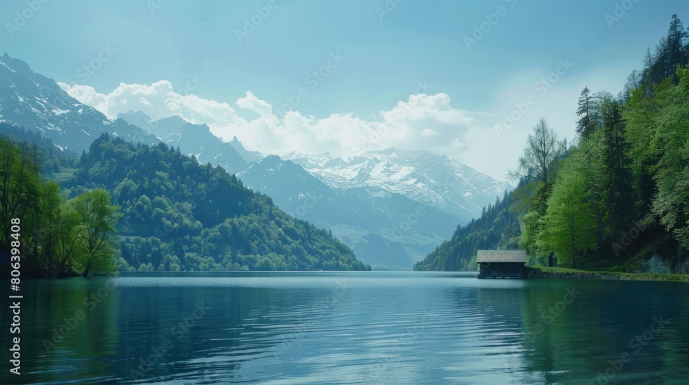 Lake in the Swiss Alps. Panoramic view of the nature and mountains