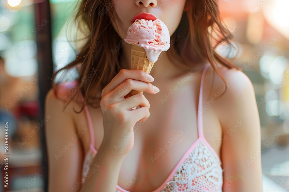 Closeup portrait of young beautiful woman with ice cream in waffle cone. Closeup portrait of young beautiful woman with ice cream in waffle cone.