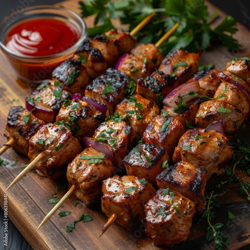 Skewers of juicy grilled meat cooking over a charcoal grill, emitting a savory aroma. Visual content for articles or blogs related to barbecue recipes, outdoor cooking, or culinary techniques 