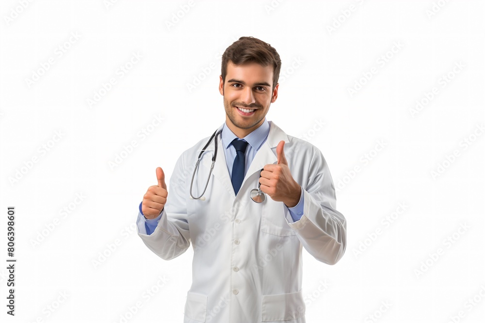 Young doctor man with stethoscope giving a thumbs up gesture and smiling isolated on white background Young doctor man with stethoscope giving a thumbs up gesture and smiling isolated on white background