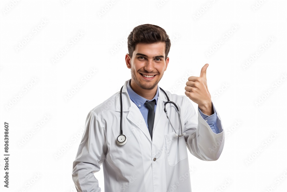 Portrait of a young doctor showing thumbs up isolated on white background Portrait of a young doctor showing thumbs up isolated on white background