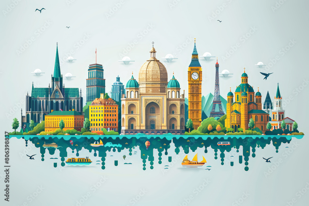 Fototapeta premium Floating cityscape with iconic world landmarks, suitable for travel and cultural diversity themes. World Ocean Day.