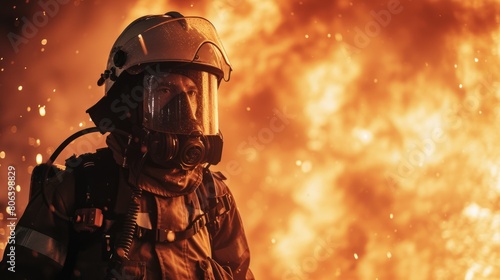 Skilled brave firefighter wearing safety gear and walking at place surrounded with smoke and prepare to put out fire. Portrait of energetic officer wearing protective cloth and survive in fire. AIG42. © Summit Art Creations