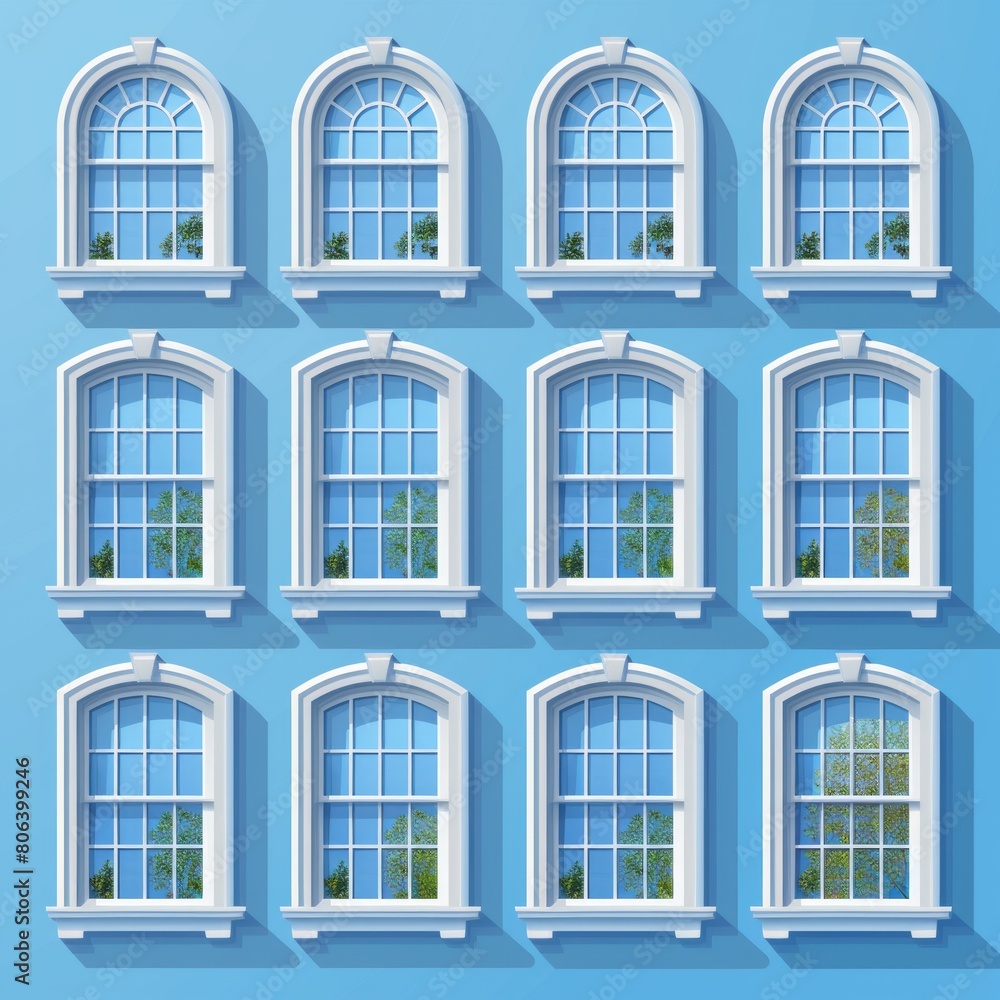 Set vector illustration of windows with white frames. Collection of various plastic windows. Internal and external elements