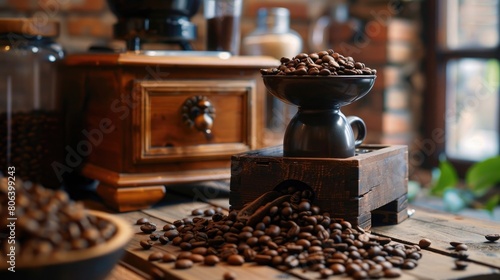 A set of high-quality coffee beans and a grinder for a coffee connoisseur lifestyle photo