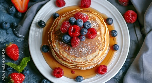 Stack of Pancakes With Berries and Syrup