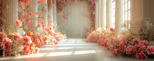 Decorations with predominantly white floral backgrounds are suitable for wedding designs