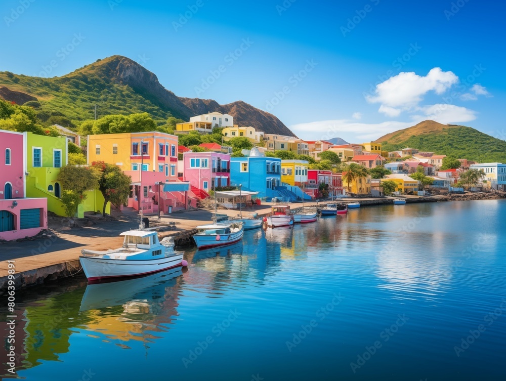 Boats docked in a colorful seaside town on a sunny day