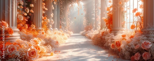 Decorations with predominantly white floral backgrounds are suitable for wedding designs