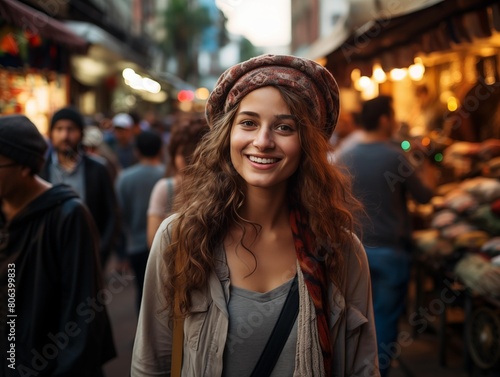 A Young Woman Smiles During an Evening Market Stroll