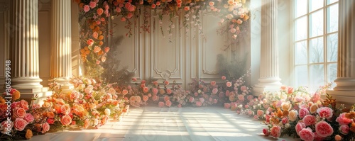 Decorations with predominantly white floral backgrounds are suitable for wedding designs