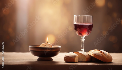 holy communion bread and wine on brown background.