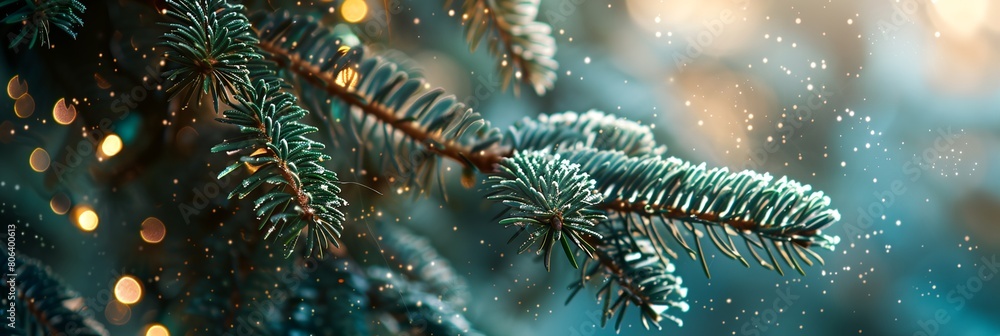pine tree branch with snow falling on it and lights in the background pine tree branch with snow falling on it and lights in the background
