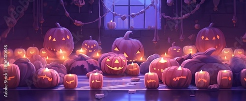 a bunch of pumpkins that are sitting in the dark with candles in them and a window in the background photo