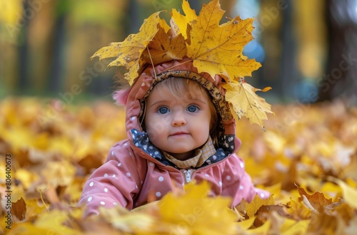 Little Girl Playing in Pile of Leaves