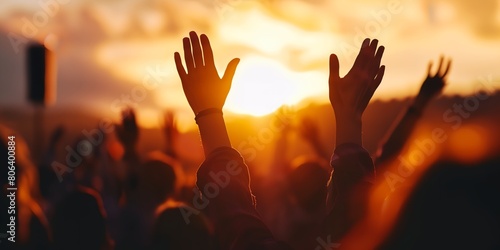 a crowd of people raising their hands up in the air with the sun setting photo